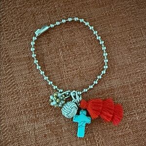 Handmade Beaded Charm Bracelet with Red Tassels